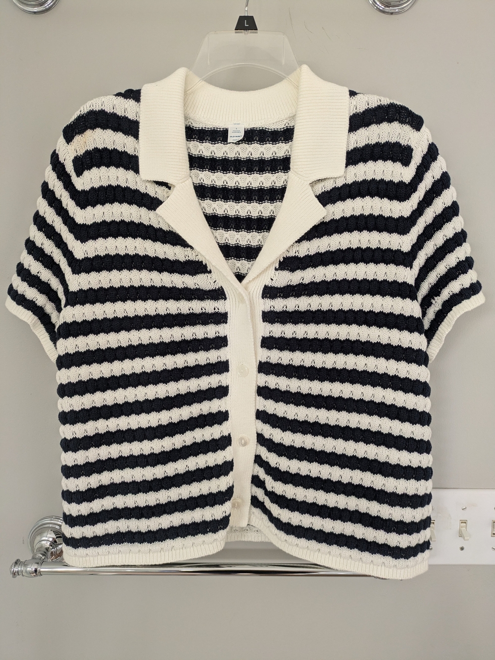 Striped Short-Sleeve Knit Sweater Cardigan - Navy & Cream